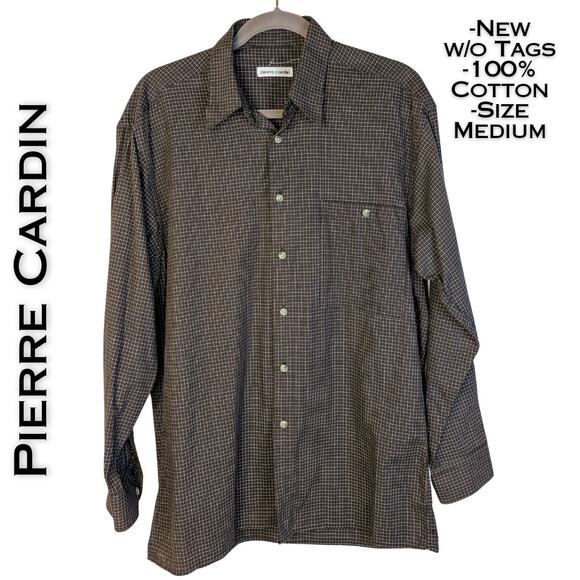 NEW Pierre Cardin Men's Brown Small Check 100% Cotton Dress Shirt Size Medium - Picture 1 of 8